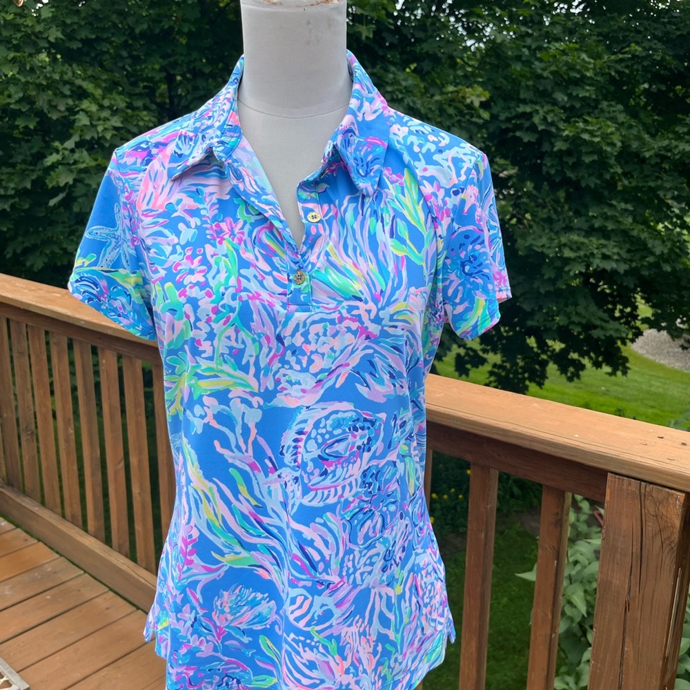 Lilly Pulitzer Blue and Pink Short Sleeve Button Down Shirt